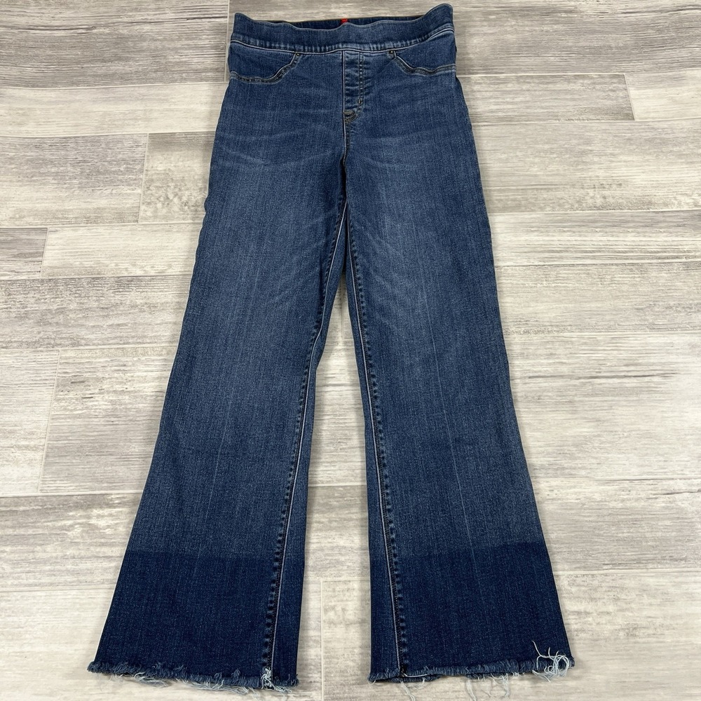 Spanx Jeans Women's Small Cropped Flare Denim Raw Hem High Rise Stretch Slimming